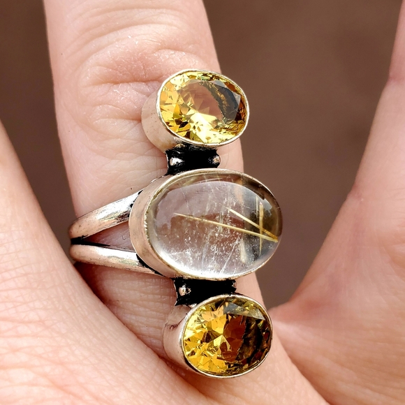 New Golden Rutile and Citrine 925 Silver Ring. - Picture 3 of 16